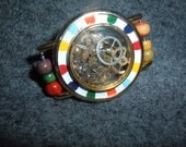 Unique Stempunk Pin Colorful Whimsical Full of Vintage Watch Parts, Rainbow Colors