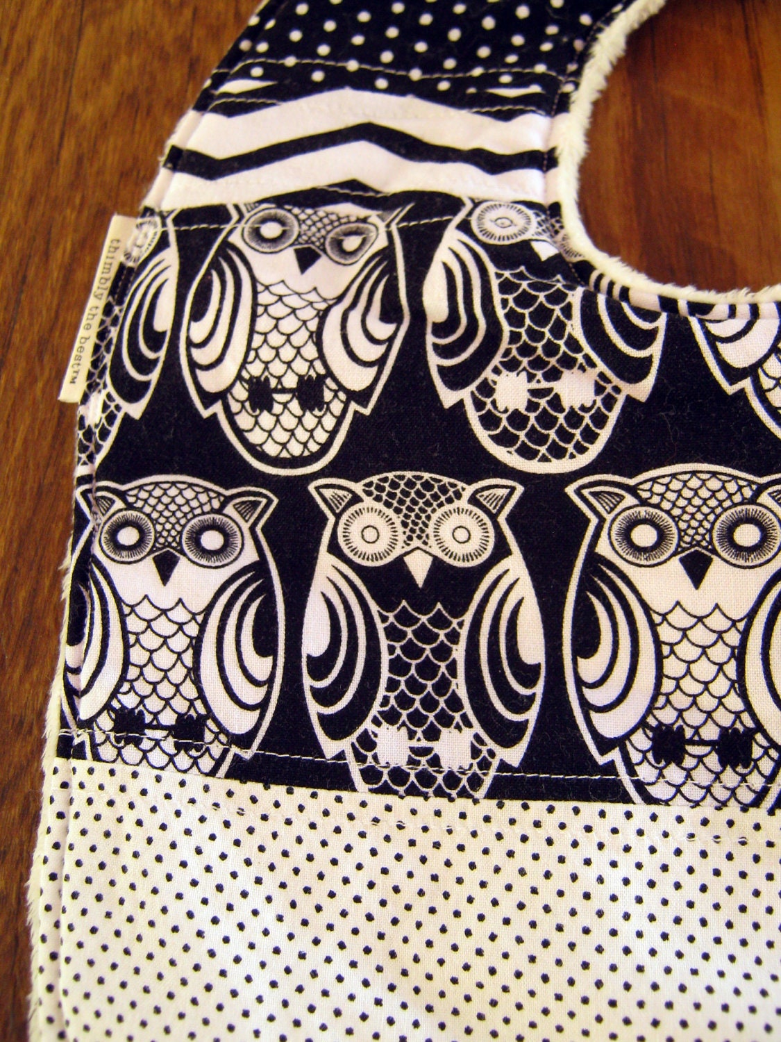Bib and Burp Cloth Set: Black and White Owl, White Minky, Toddler Bib with Snaps, Baby Boy, Baby Girl