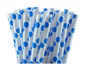 25 Blue Polka Dot Paper Straws with handmade scalloped white paper flags