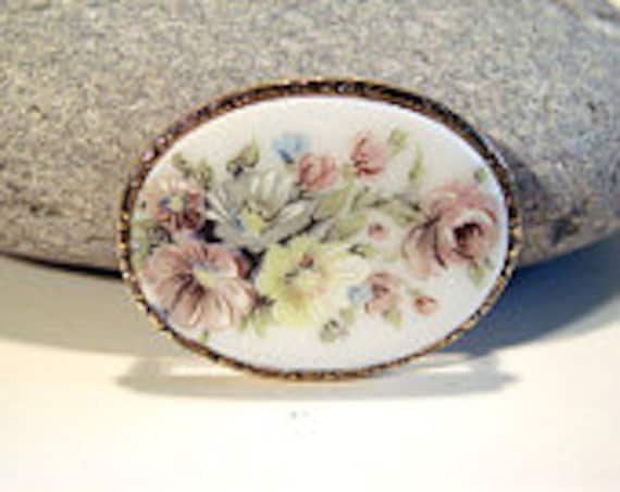 Vintage 1950s Oval Painted Milk Glass Floral Brooch