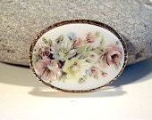 Vintage 1950s Oval Painted Milk Glass Floral Brooch