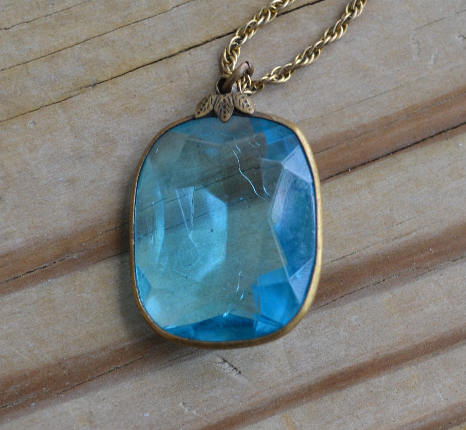 Amazing antique early art deco / late edwardian aquamarine blue glass solitaire pendant with brass bezel and gold filled chain / wedding