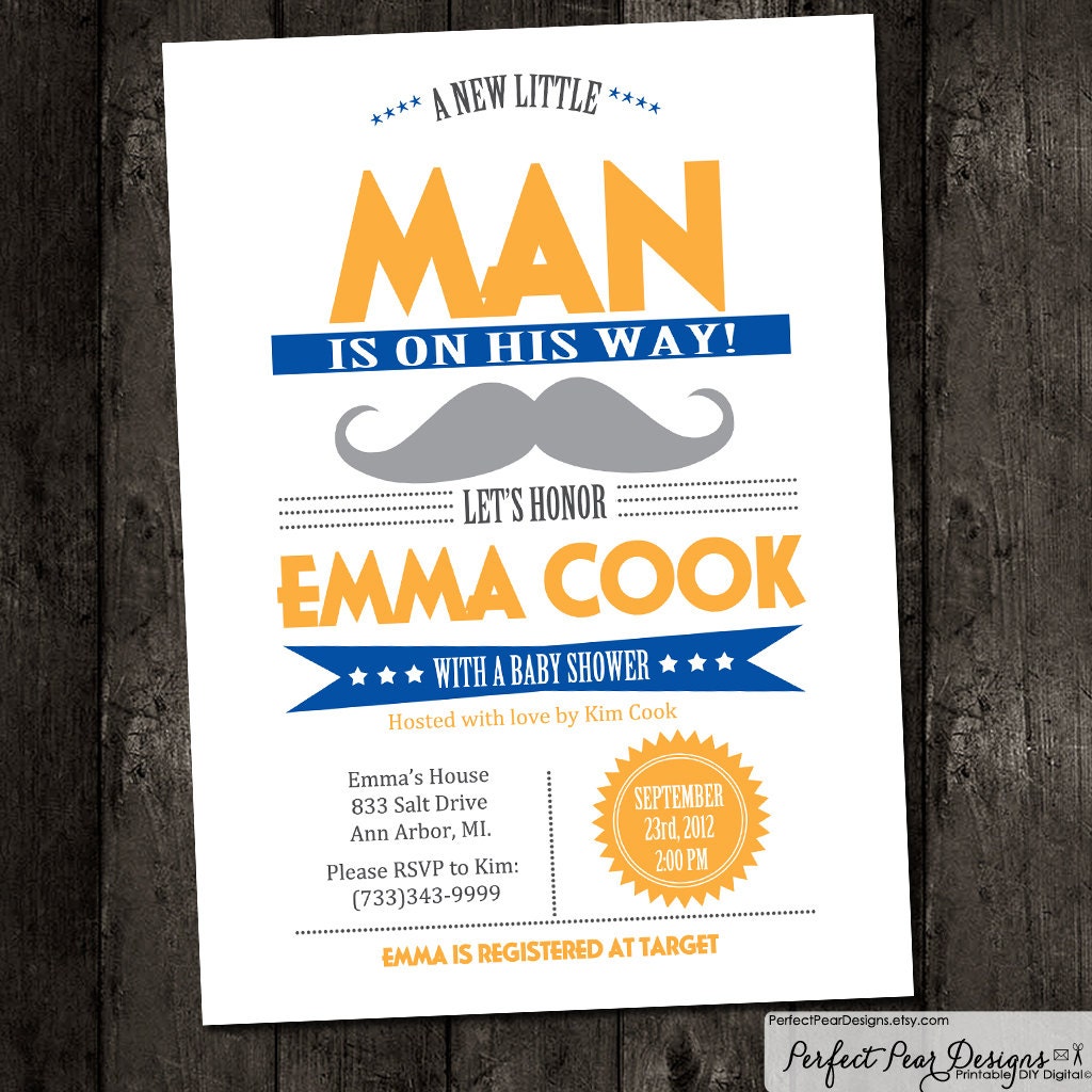 Baby Shower Invitation "Little Man on the Way" Mustache, Navy Blue, Orange, Modern, Vintage, Birthday Party, Boy. (DIY Printable)