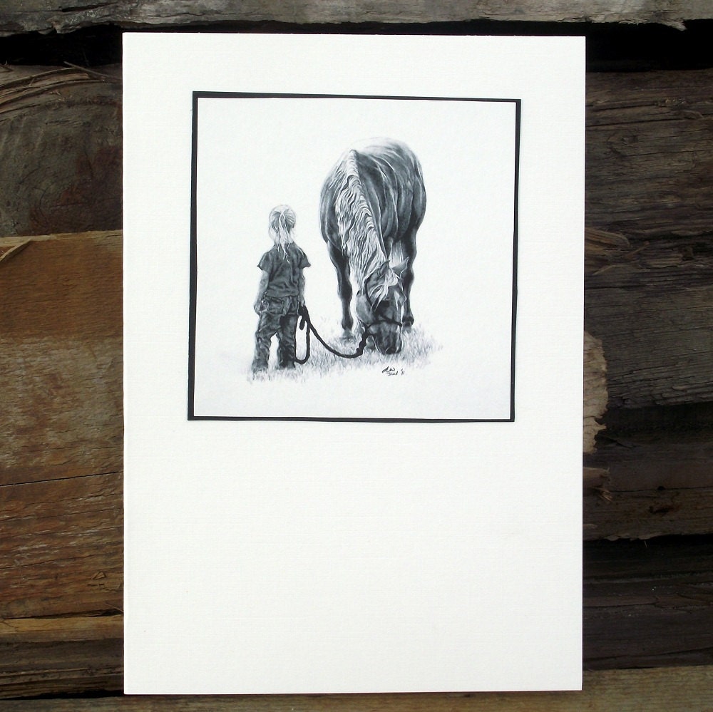Handmade Fine Art Blank Greetings Card - Child and Pony