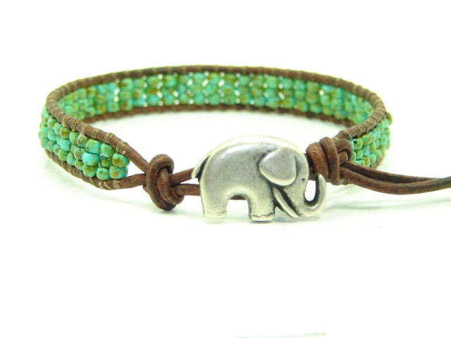 Turquoise Blue Green  Picasso Seed Bead Leather Wrap Bracelet, Lucky Elephant, Jaybo, Chan Luu Inspired