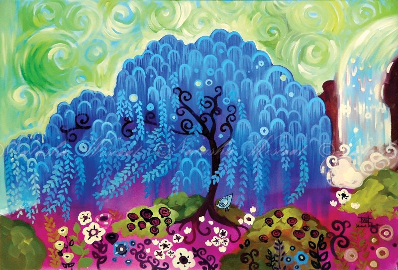 Swirly Blue leaf Willow Tree Folk Art LIMITED Edition Canvas Print by Natasha Wescoat