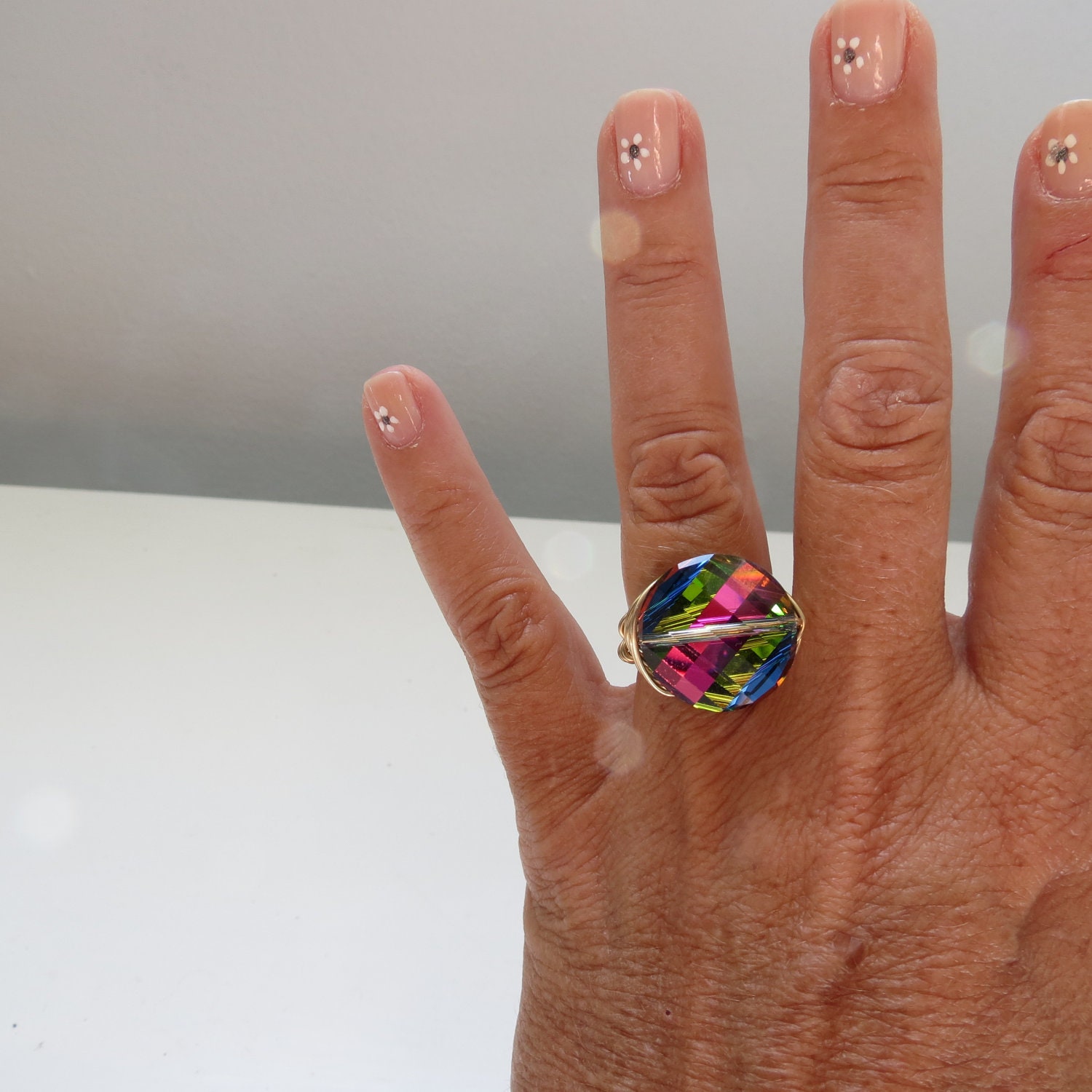 Swarovski Peacock Crystal Gold Filled Wire Wrapped Cocktail Ring - Vitrail Round Twist