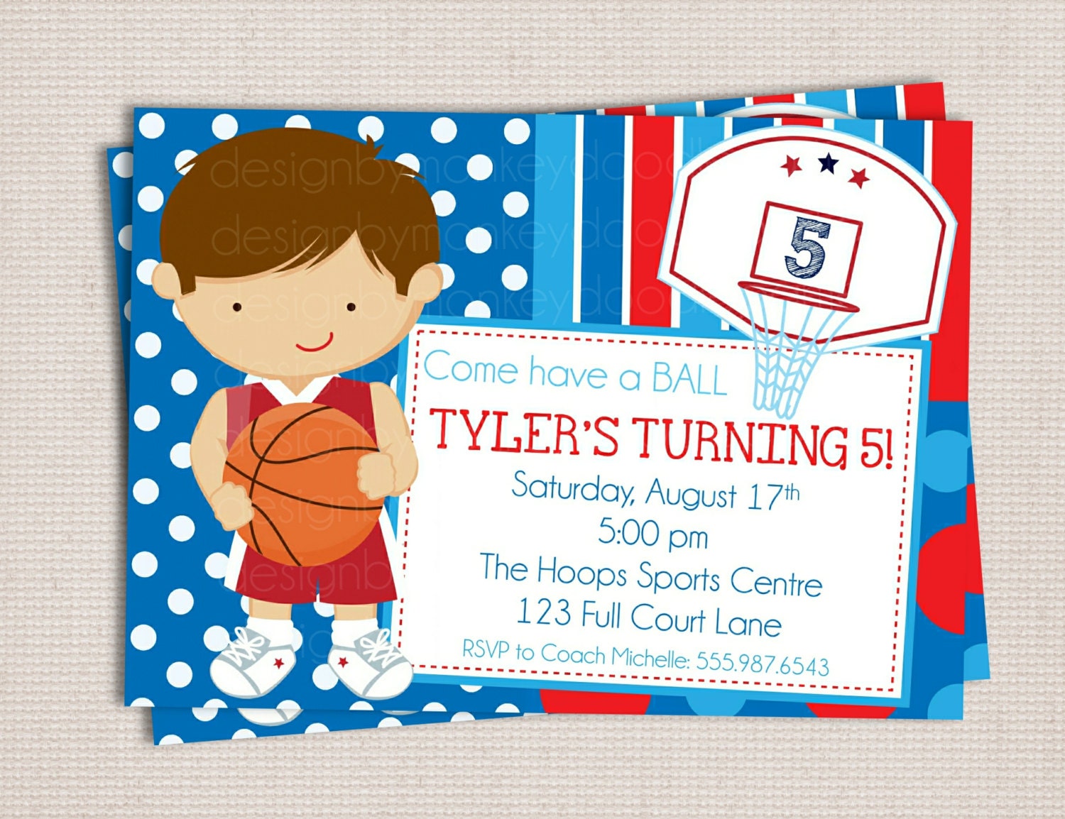 Little Boy's Stripes & Polka Dots Basketball Birthday Party Printable Invitation Il_170x135