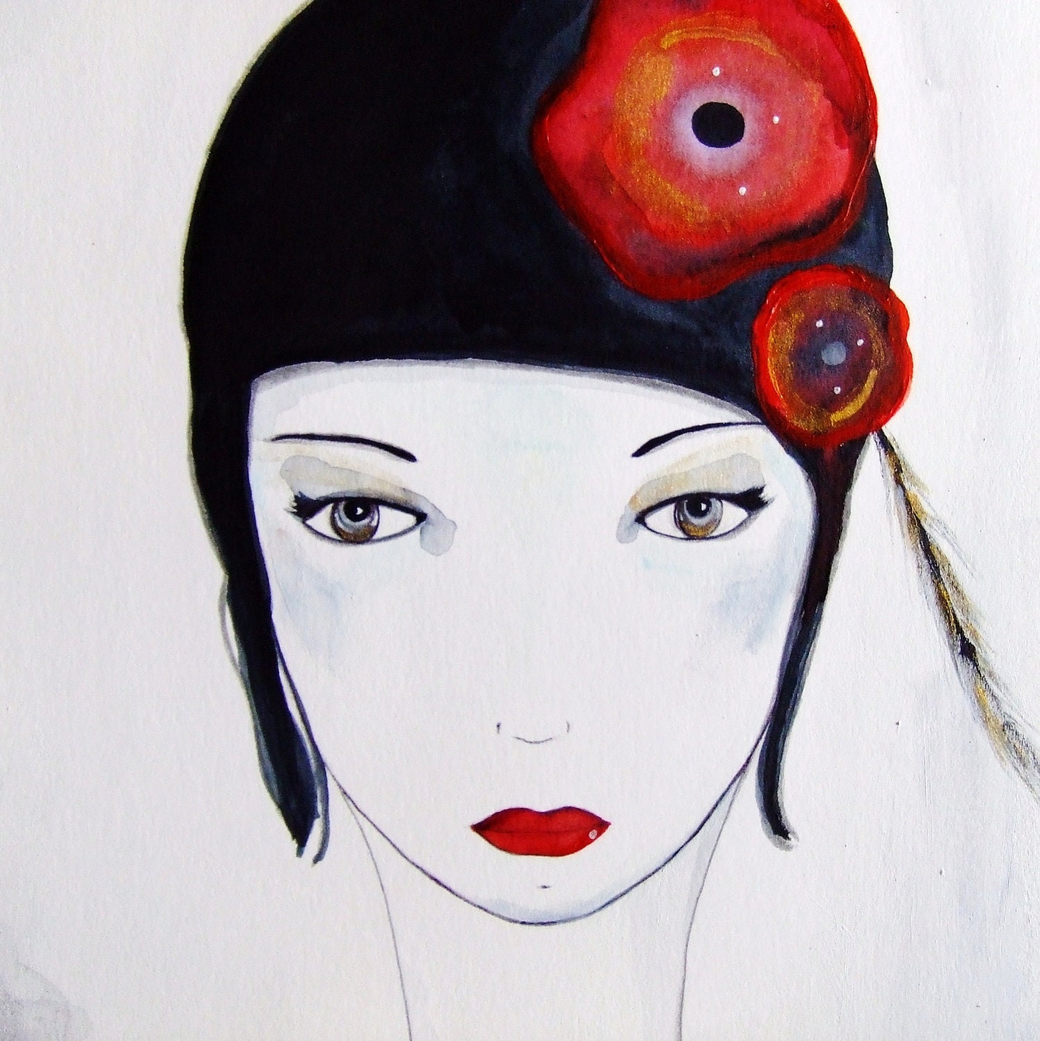 Woman Portrait Face Flowers Feathers Original Drawing Acrylic Painting Watercolor Ink Pen Contemporary Art White Black Red Gold Home Decor
