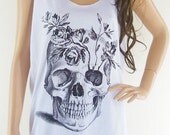 Skull Flowers (Size M) Skull Tshirt Art Shirt Zombie Tank Top Women Shirt Skull Shirt Skull Tank Tops Tunic Vest White T Shirt Dress Shirt