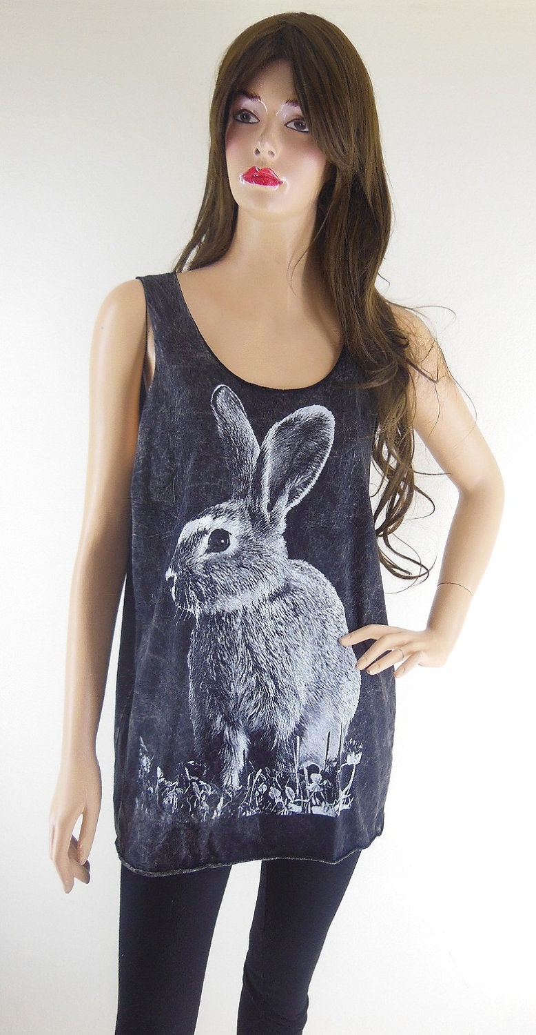Rabbit Bunny (Size M) Animal Style Unisex T-Shirt Rabbit Tank Top Bleach Black Tunic Screen Print Size M - sinclothing Rabbit Bunny (Size M) Animal Style Unisex T-Shirt Rabbit Tank Top Bleach Black Tunic Screen Print Size M - sinclothing
