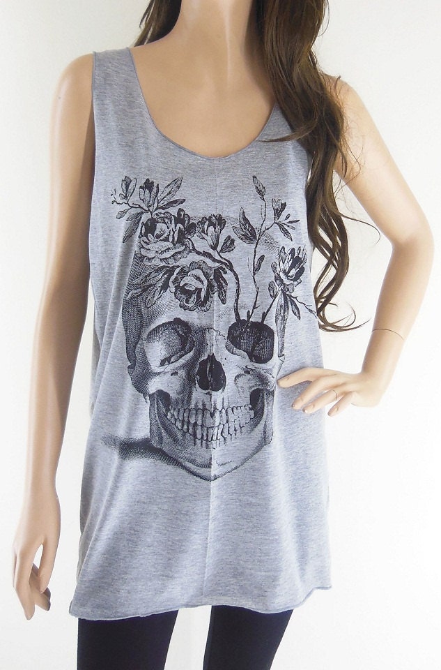 Skull Flowers Art Design Zombie Tank Top Women T-Shirt Skull Shirt Gray T-Shirt Tunic Screen Print Size M