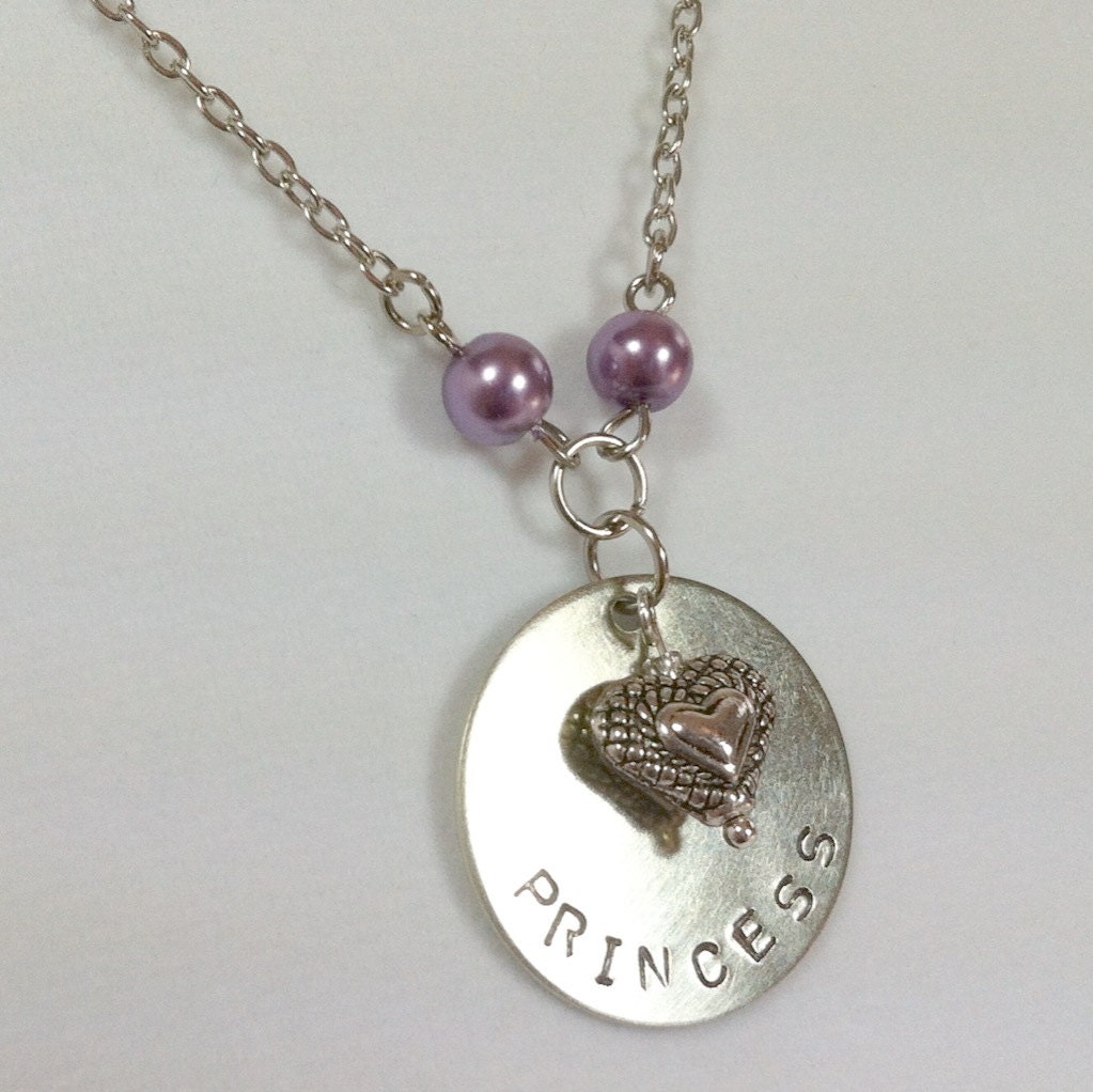 Princess Necklace - Hand Stamped with Purple Pearls