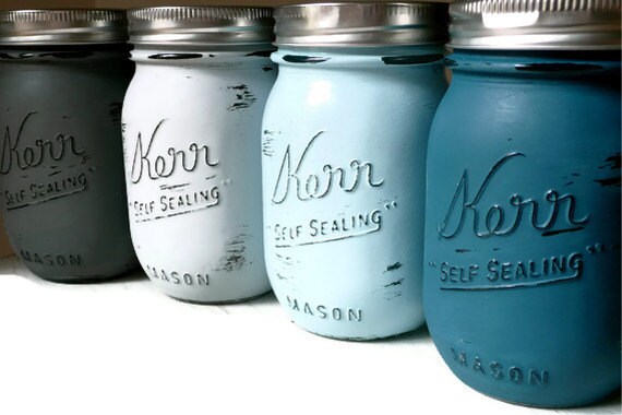 The Ocean - Spring and Summer WEDDING and Home Decor - Painted and Distressed Shabby Chic Mason Jars - Decorations