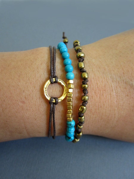 3 mixed bracelets, gold circle charm Macrame bracelet,  Adjustable turquoise with vermeil cute Bead Bracelet.