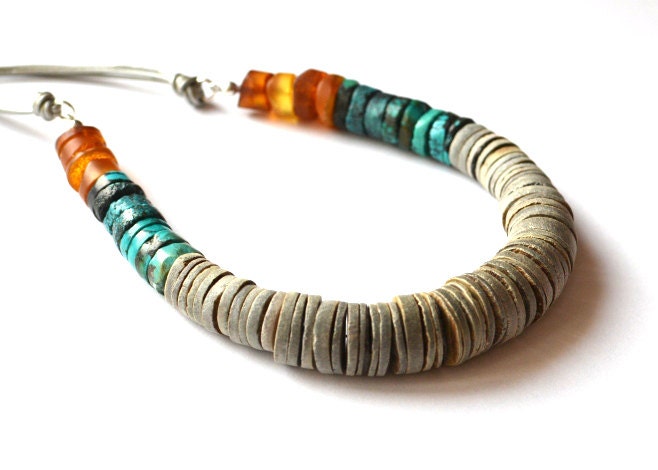 Raw Stone Necklace Turquoise Amber Silver Gemstone Jewelry Chunky Handmade Jewelry Fashion Gift for Her