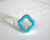 Turquoise Clover Quatrefoil Necklace. Edged in Sterling Silver