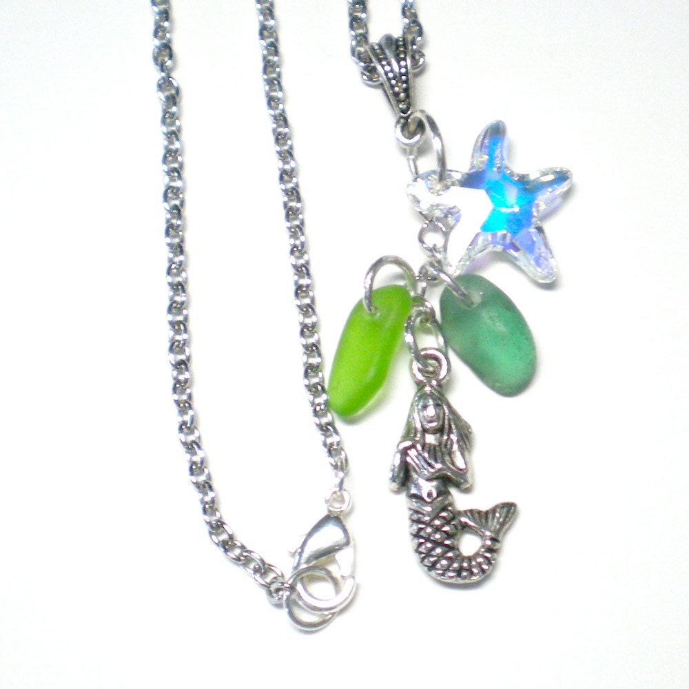 Beach Glass Necklace Mermaid Crystal Starfish