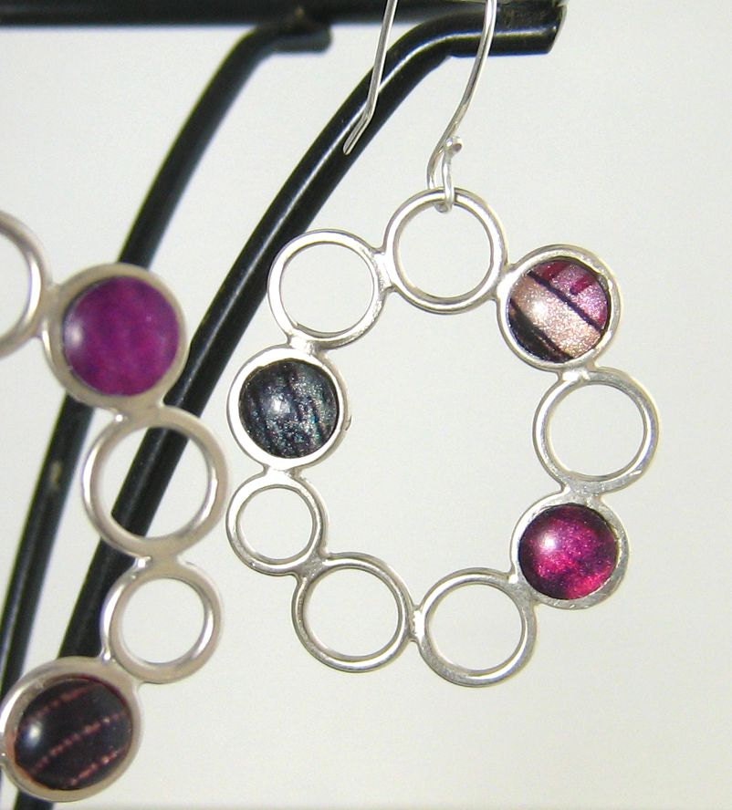 Large silver hoops with purple and fuschia photos, Unique handmade silver jewelry, Polymer clay jewelry, Silver jewelry