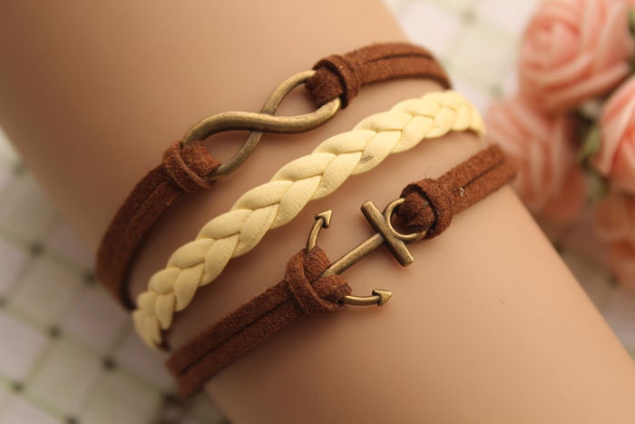 infinity bracelet,retro bronze little anchor bracelet,yellow braid leather bracelet,brown rope---B168