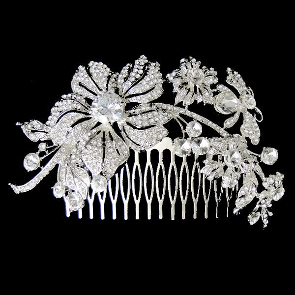 Bridal Hair Comb, Flower Hair Comb, Butterfly Wedding Jewelry, Vintage Swarovski Crystal, Clear Rhinestone Hair Accessories-110675995