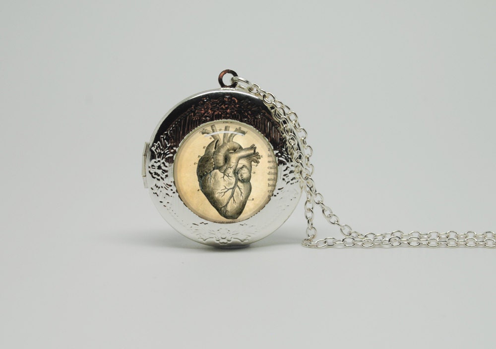 Silver Glass Locket Necklace with Inspired Anatomy Heart