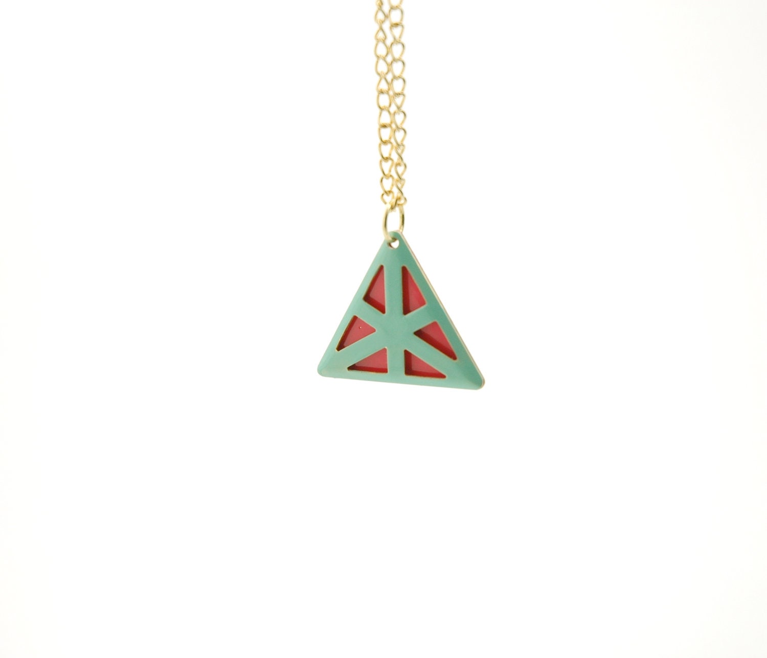 Minimalist Geometric Pyramid Triangle Necklace - Mint Green And Coral Pink Hand Dyed Modern Brass Jewelry  - Gold Plated Chain