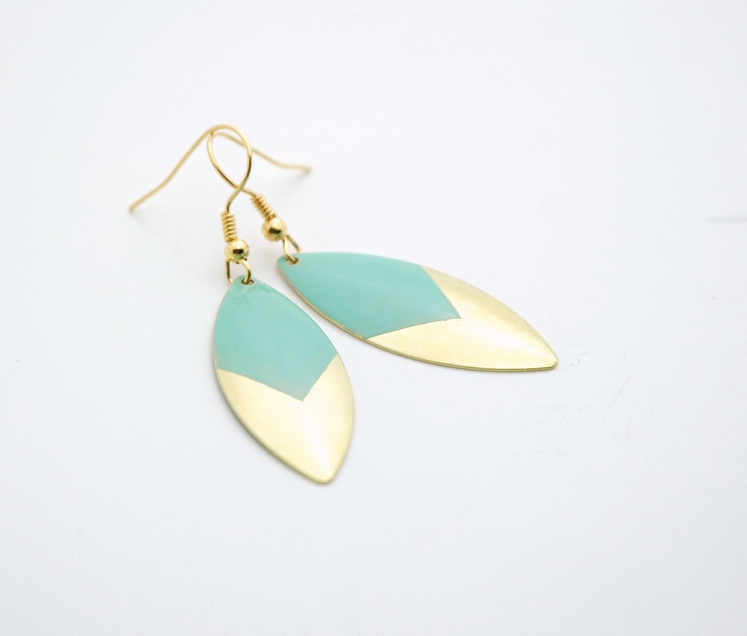 Minimalist Geometric Leaf Spike Earrings - Seafoam Mint Green Hand Dyed Modern Brass Jewelry