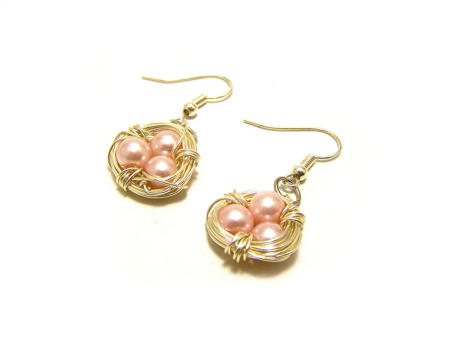 Pink Glass Pearl Mini Bird's Nest Silver Wire Wrapped Earrings