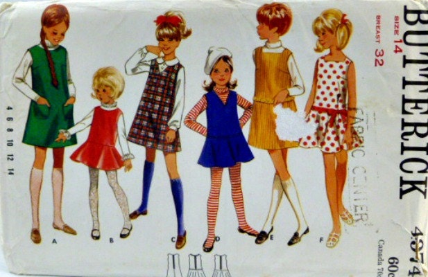 Vintage 60s Butterick 4974 Pattern Girls One Piece Dress or Jumper Size 14 Uncut p3z
