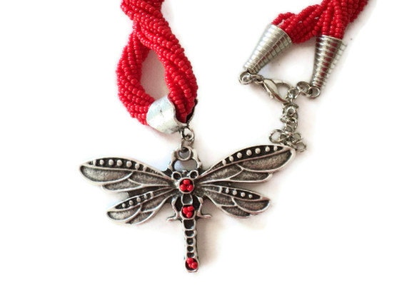 HANDMADE,Red sand beaded cord and metal dragonfly necklace, red necklace, dragonfly necklace, gift necklace, seed bead necklace