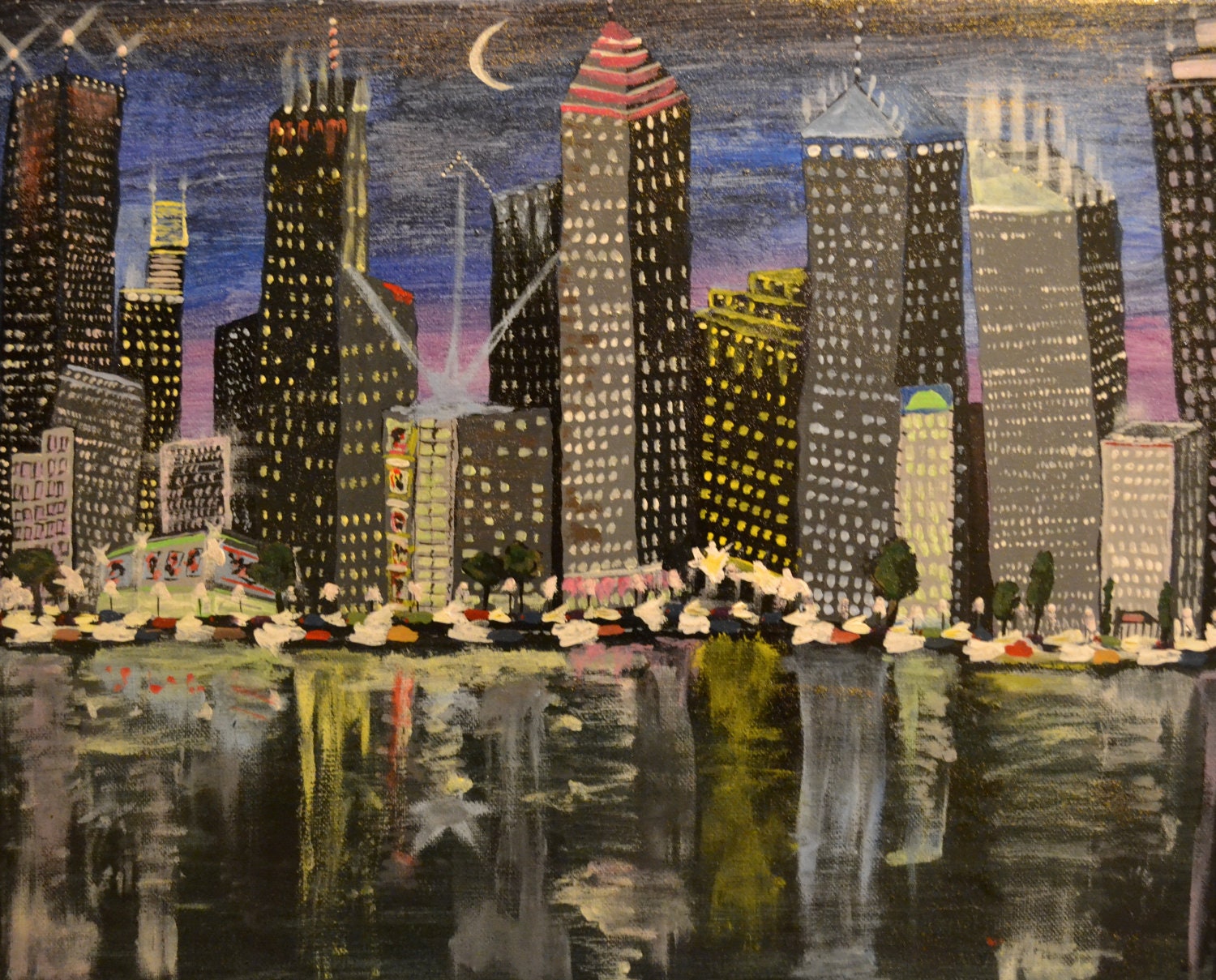 Original Cityscape Abstract Painting Bridge Buildings Lights Night Time Cars Skyscrapers Modern Wall Decor Handmade Artwork