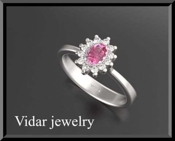 Engagement Ring,Diamond Engagement Ring,Pink Sapphire Princess DIANA Engamenet Ring 14k White Gold