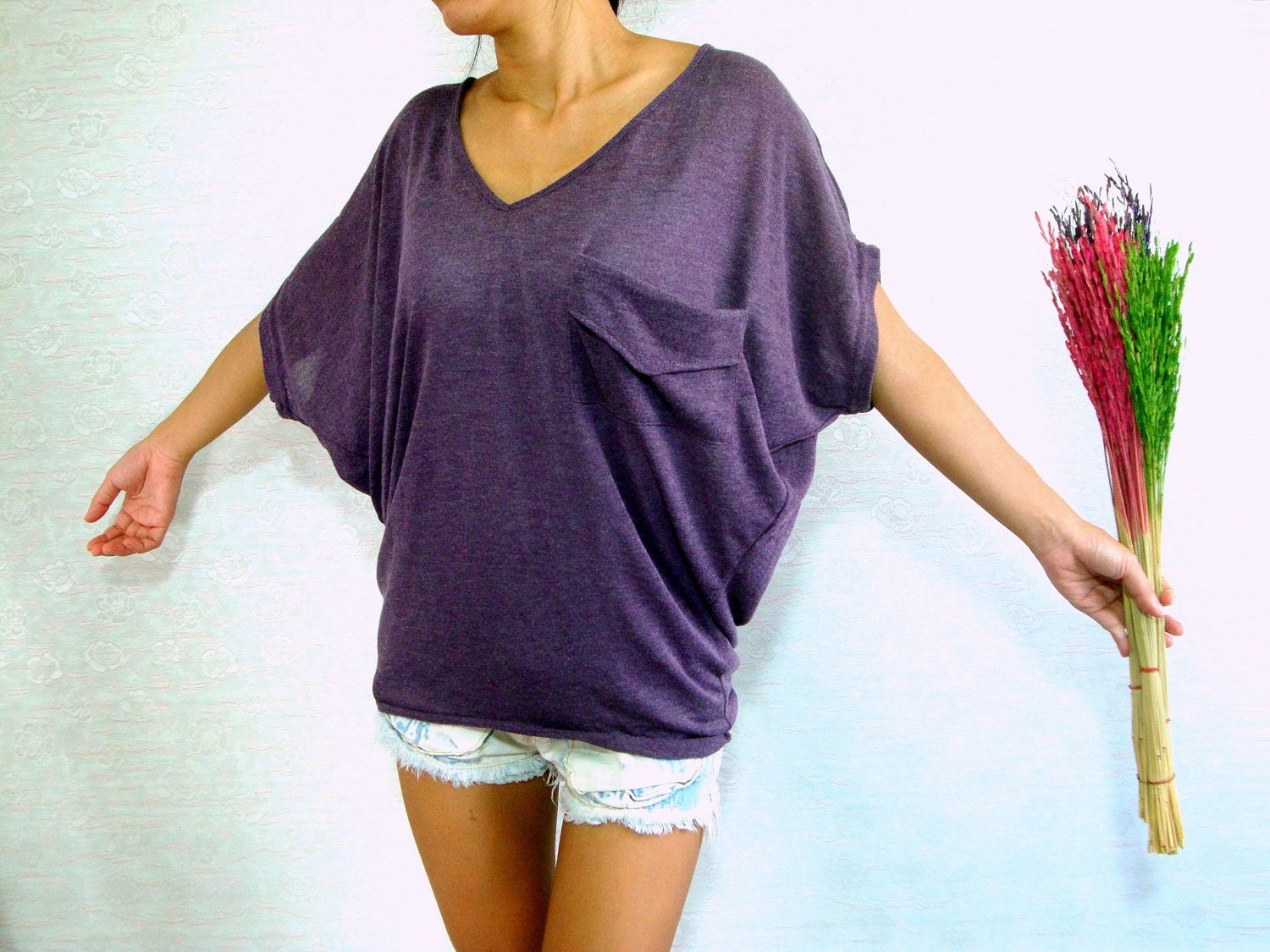 Dolman Sleeve Top / Dolman / Purple Women Blouse - Oversized Top / V Neck Tee / Ladies T shirt - Casual Chic Wide Sleeve Women's Top