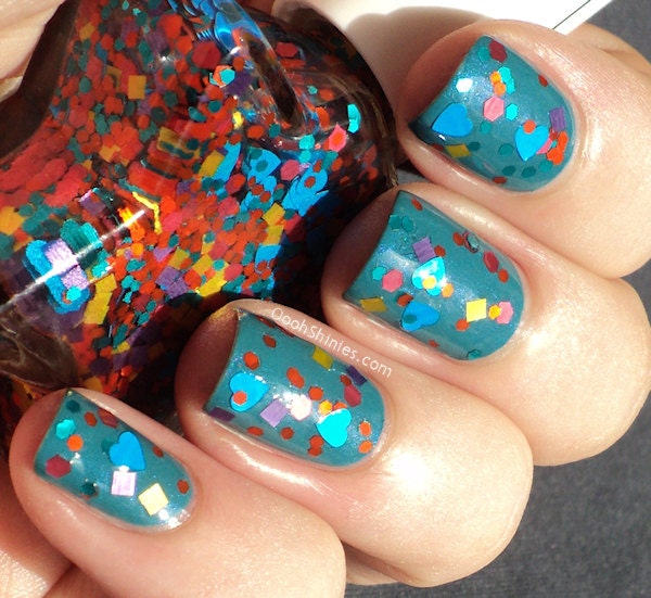 Custom Blended Nail Polish - "Cold Hearted" - Blue Hearts Yellow Pink Orange Teal Purple Square Hexagon Glitter - Lacquer