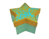 Magnetic Star Box - Small Wooden Star Shaped Box with a Magnetic Lid Decoupaged in a Gold and Aqua Damask Print - Lovefortheworld