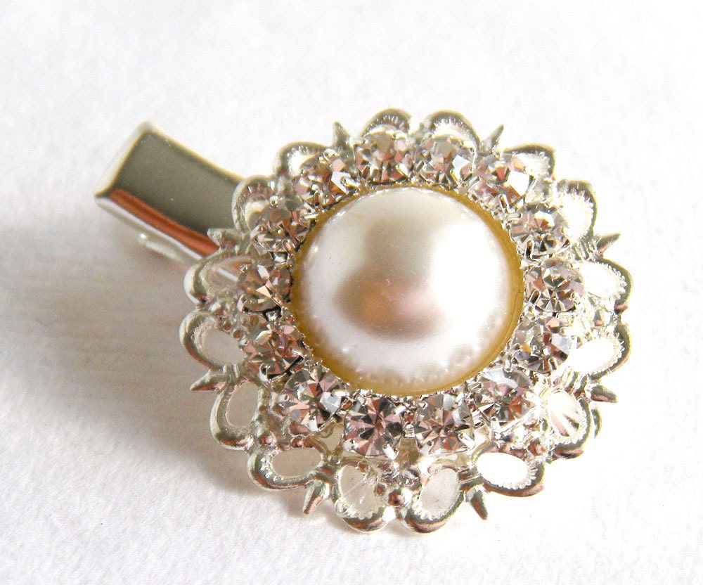 One Rhinestone and White Pearl Hair Clip, Bridal Accessories, Hair Accessories, Vintage Inspired - merryalchemybridal