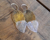 Vintage Lucite Leaves and Patina Hammered Brass Metal Forged Earrings