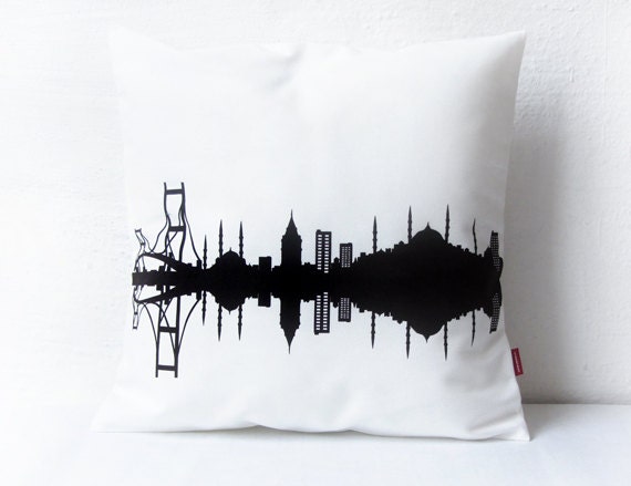 Istanbul City Throw Pillow Cushion Cover - 100% Cotton Twill -  Istanbul City Skyline - hand screenprinted delicate chocolate