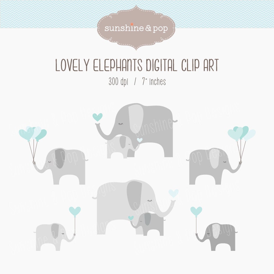 INSTANT DOWNLOAD - Lovely Elephants Digital Clip Art - Gray Aqua Teal - baby shower - for scrapbooking, invitations - clipart Il_570xn