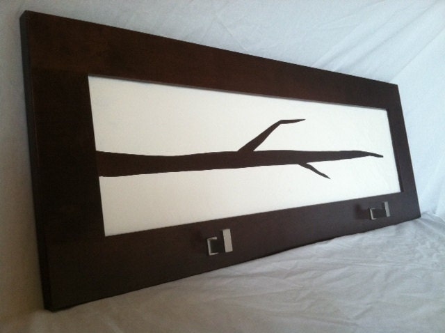 modern-midcentury, brushed nickel 2-hook, reclaimed cherry wood ARTISTIC coat rack, towel/key rack, purse/hat/leash holder, eco-friendly