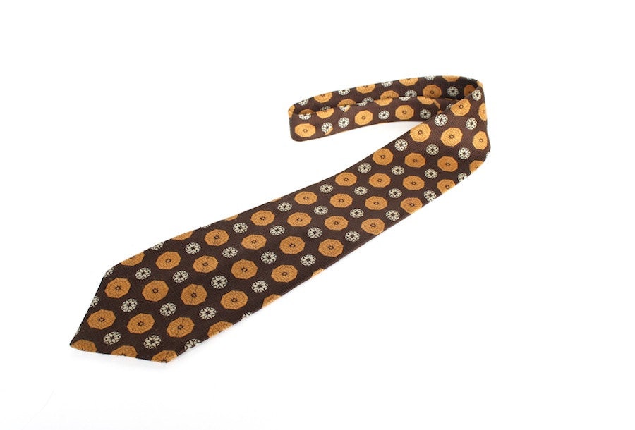 Vintage Necktie Wide Tie Dark Brown Gold Retro Disco Polyester Vintage Mens Fashion Accessory 1970s Medallion Design Motif