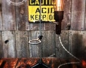 Vintage Industrial Reclaimed Lab Stand Wire Cage Trouble Drop Desk Lamp w/ Wooden Handle
