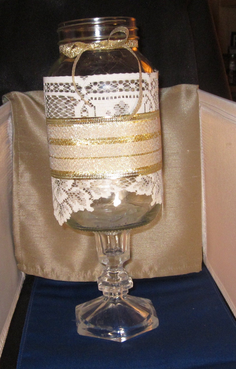 Mason Jars, Elegant Vintage Lace and Gold Ribbon Christmas Luminary Candle  Holder Wedding Shower  Center Piece