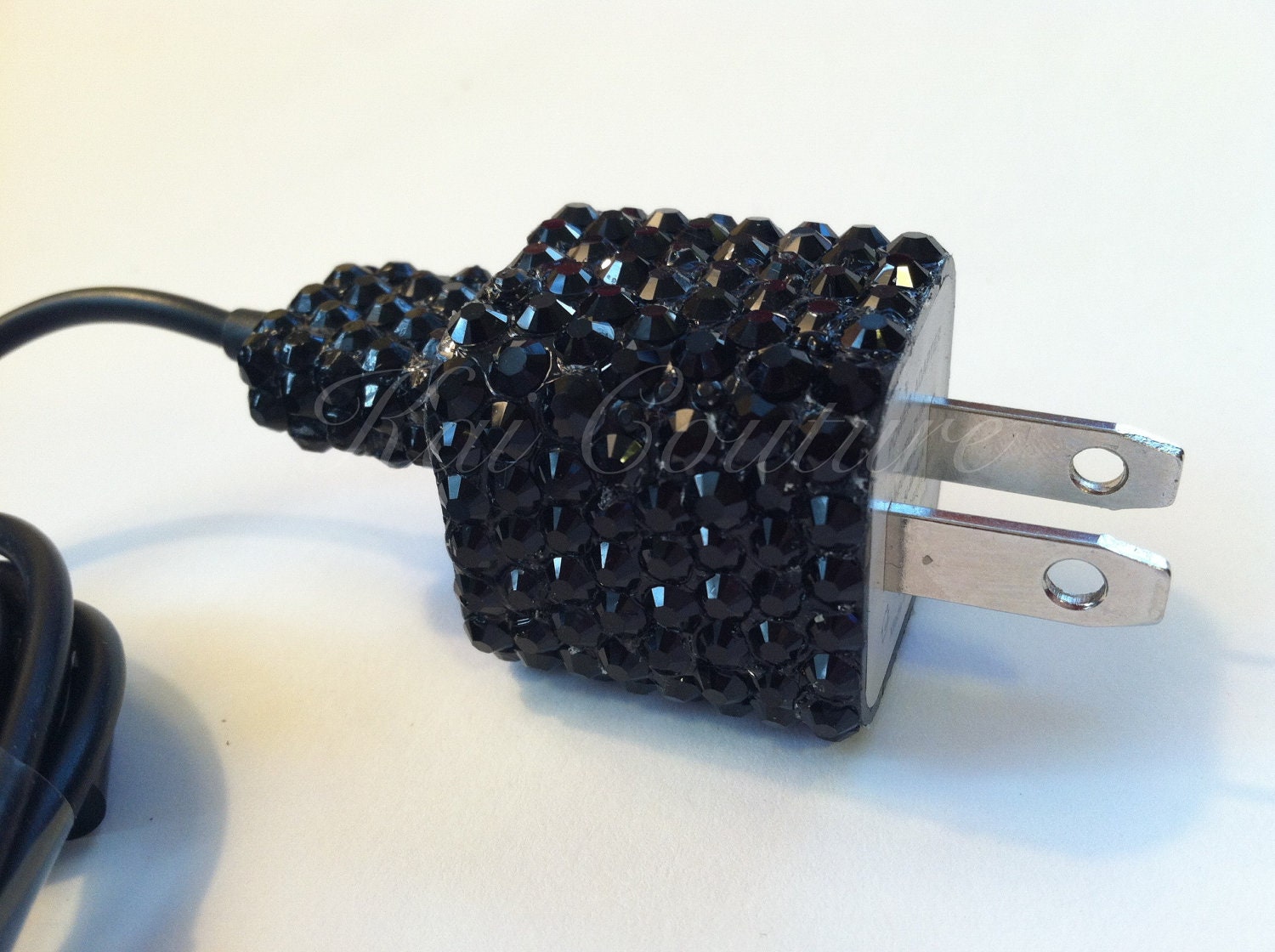 Black Rhinestone Bling iPhone 3 3g 4 4s 5 iTouch Wall Charger Adapter and USB Cable - Micro USB iPhone 5 Samsung