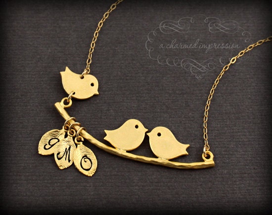 3 Baby Bird Necklace . 14k Gold Bird Necklace . Personalized Grandmother Mother Jewelry . Three Initial Charm . Family Bird Babies Mom Gifts