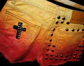 Yellow Orange Red Hot Dip Tie Dyed Ombre Bleach Woman Dye Denim Studded High Waist Shorts