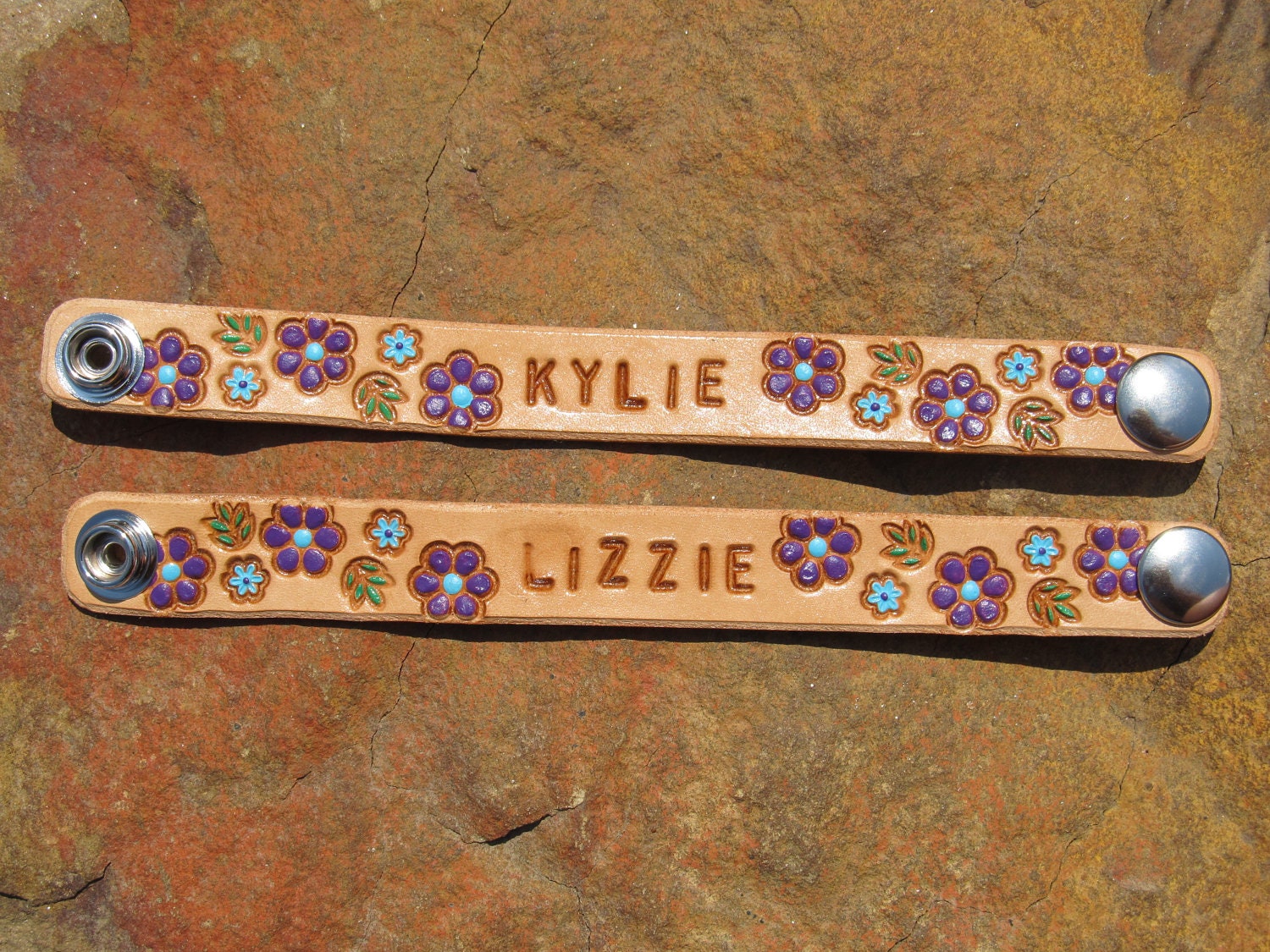 Hand Painted Tooled Leather Bracelet Cuff Purple Flowers - Personalized for FREE - Kids or Women