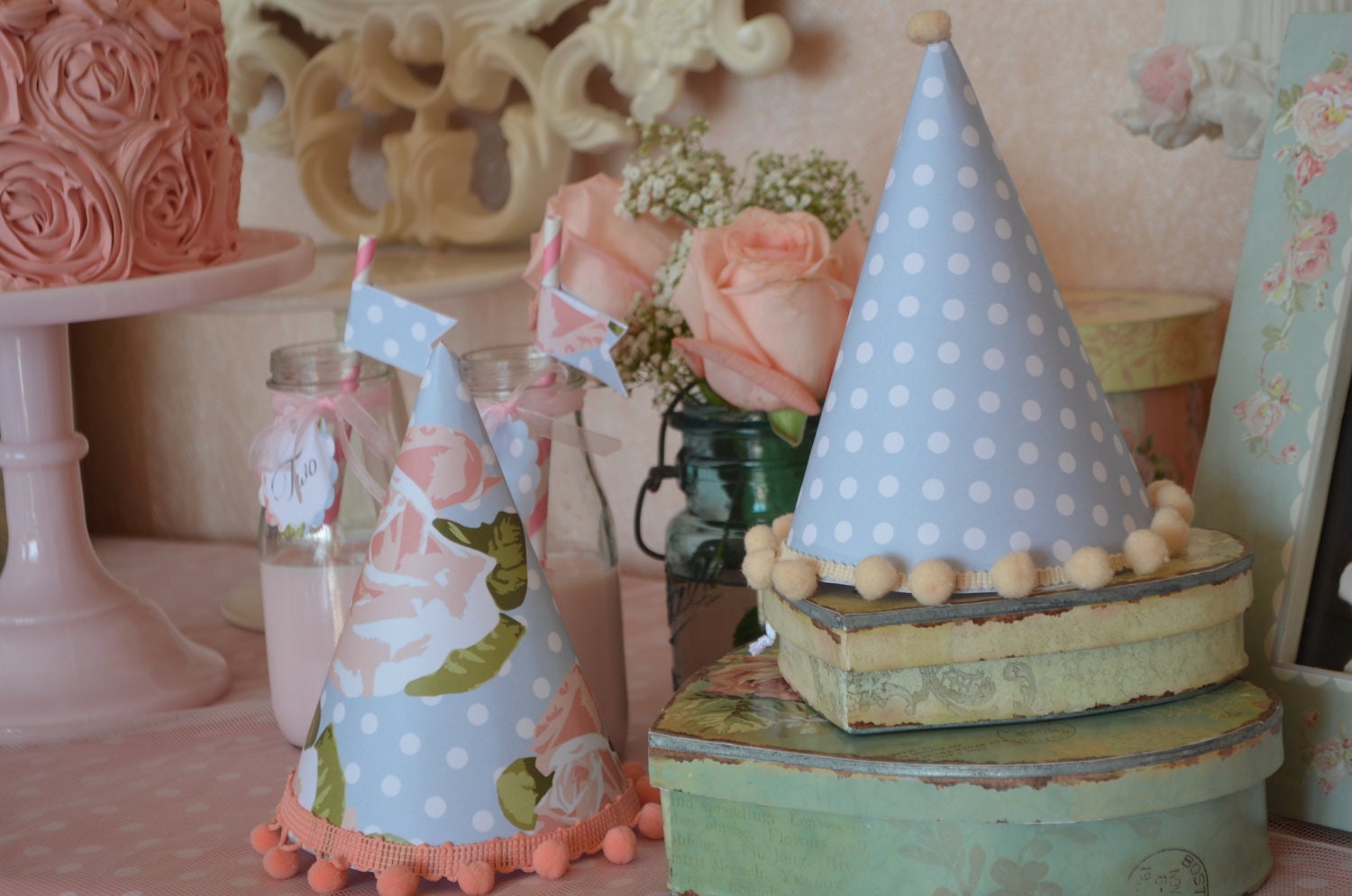 Printable Shabby Chic English Roses and Polka Dots Garden Tea Party Hats