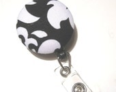 Retractable ID BADGE Reel Holder, Lanyard-Cute Black White Dandy Damask